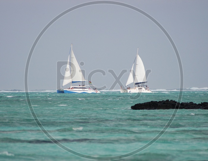 Sailing boats at the beach in Mauritius