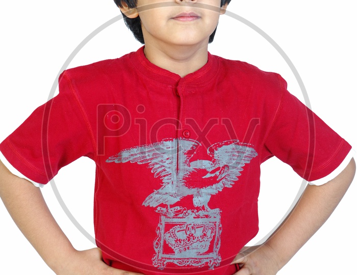 An Indian boy smiling in red tshirt - white background