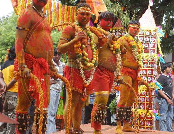 People enacting as Hindu Gods during celebration