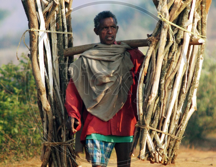 Tribal Man Carrying Cooking Wood