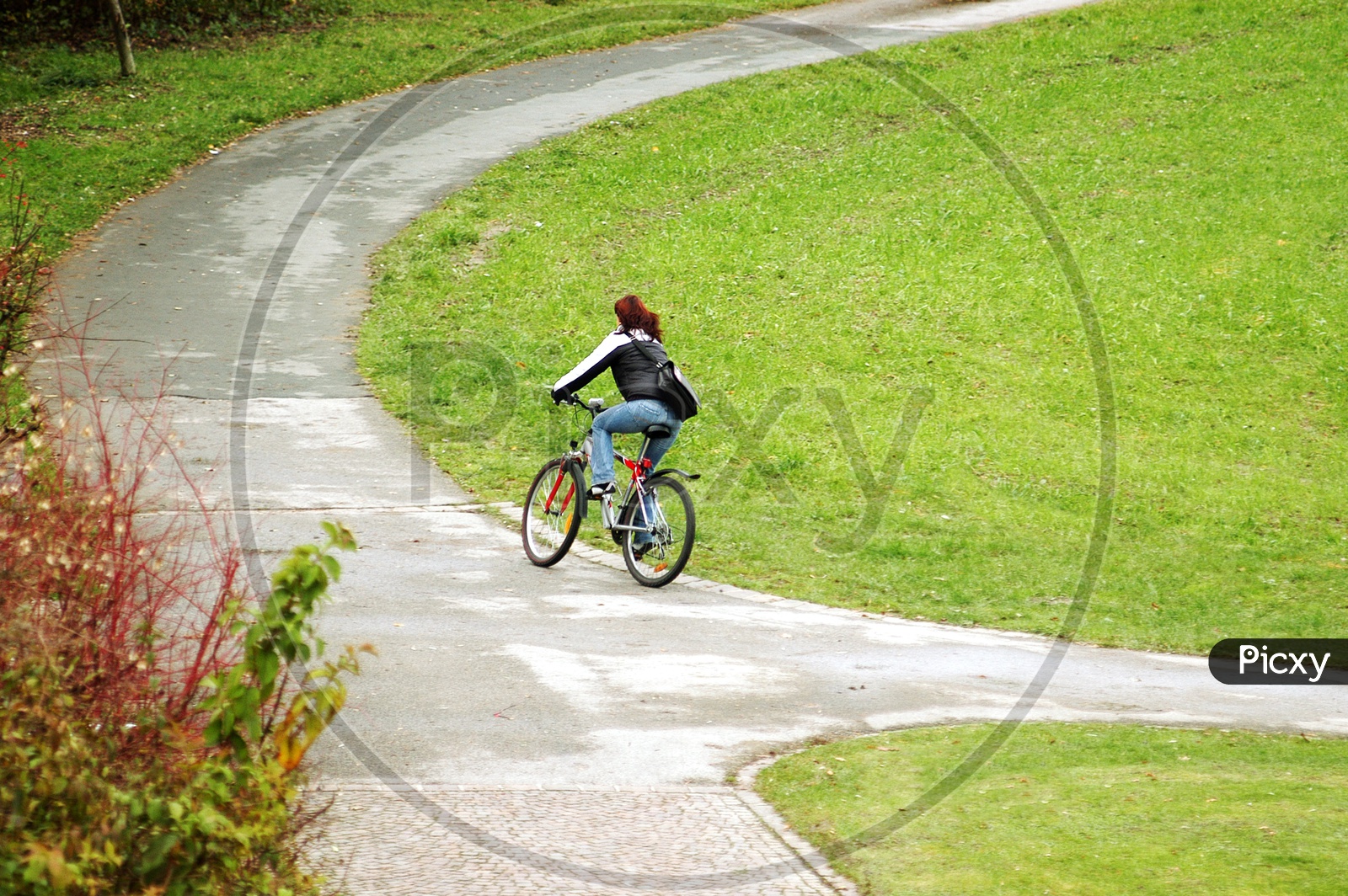 A woman riding bicycle along the pathway