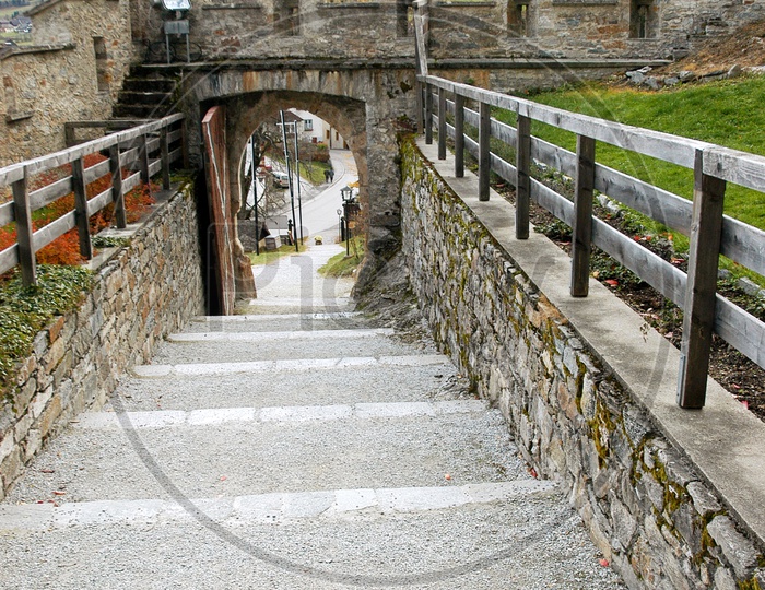 Steps or walkway leading to a road
