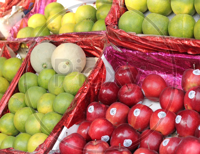 apples, orange and other fruits from street stalls at abids hyderabad