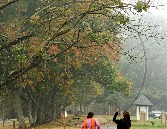 Two women standing on the road during an autumn morning