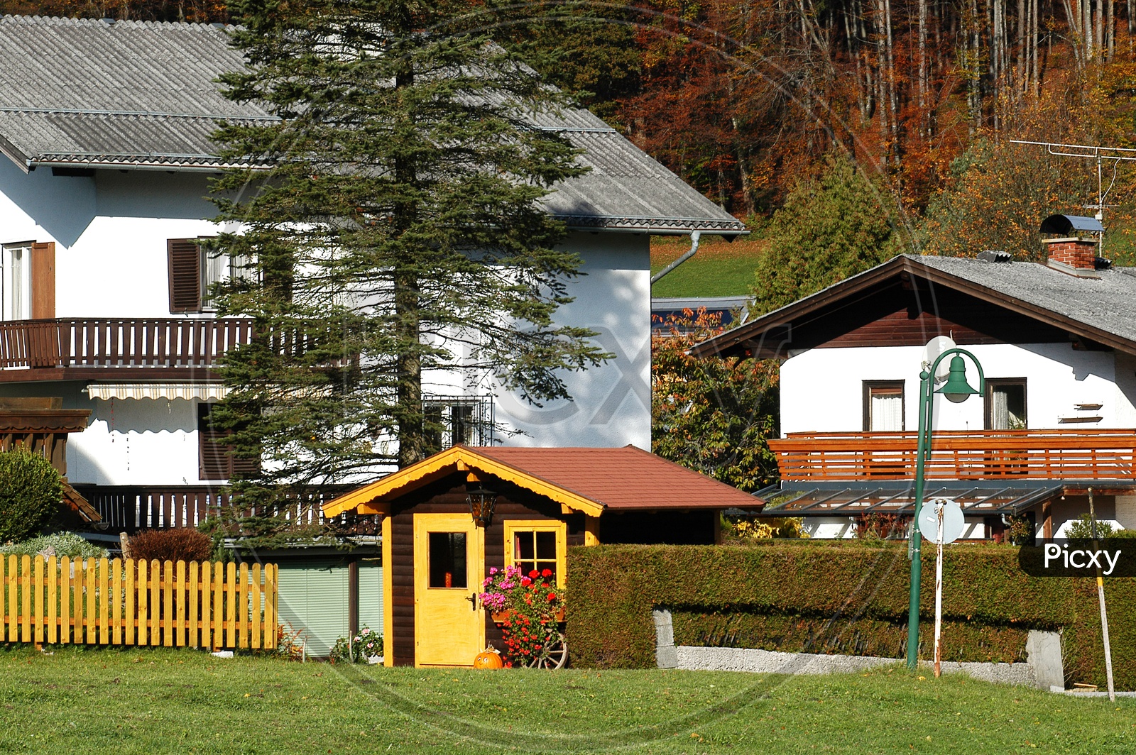 Wooden houses alongside the Alpines