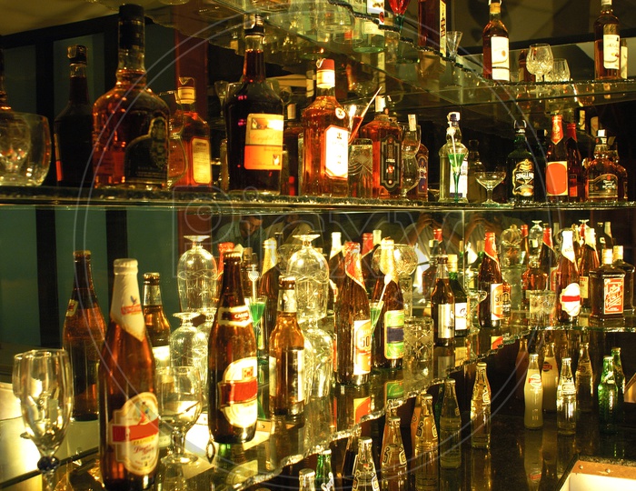 Alcohol bottles in a bar