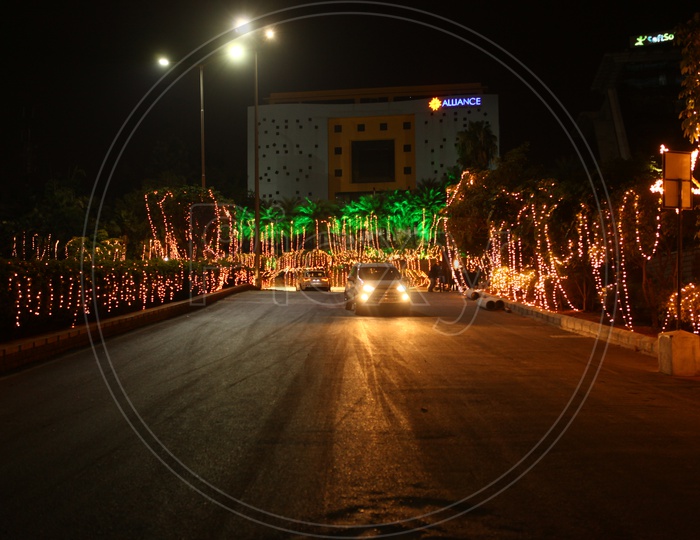 Street Decorated With Led Serial Lights