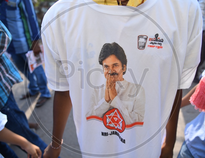 Janasena Party Supporters Wearing Tshirts During Election Campaign Rally