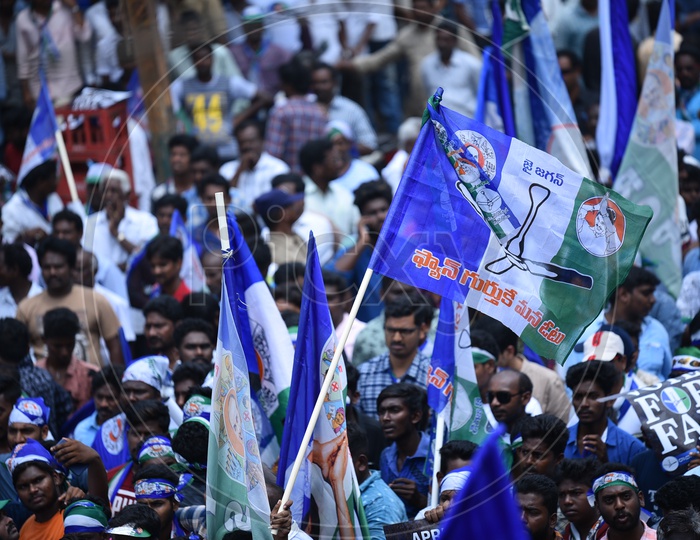 YSRCP Party Supporters With Party Flags   During  Election Campaign Rally