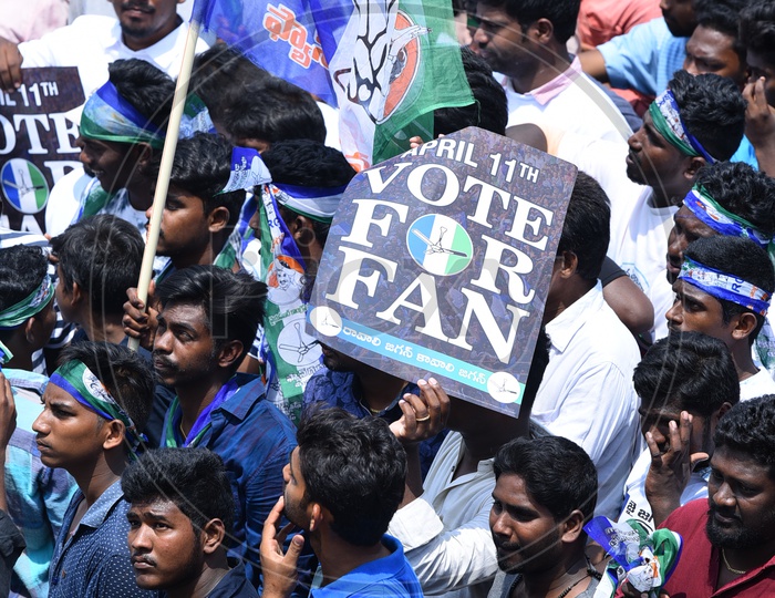 YSRCP Party Supporters With Vote For Jagan Placards  In Election Campaign Rally