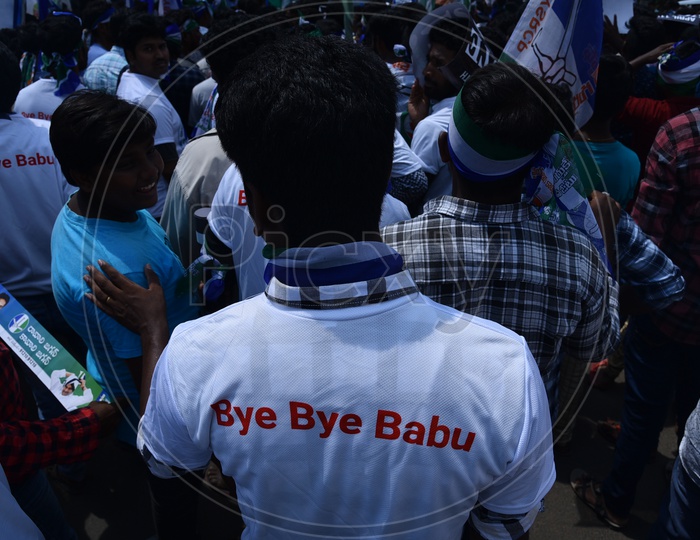 YSRCP Party Supporters Wearing BYE BYE BABU  Tshirts During Election Rallies
