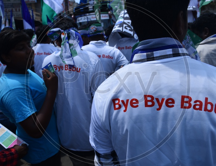 YSRCP Party Supporters Wearing BYE BYE BABU  Tshirts During Election Rallies