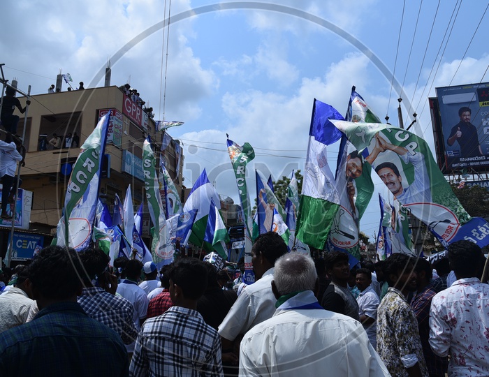 YSRCP Party Supporters With Party Flags  During Election Campaign Rallies