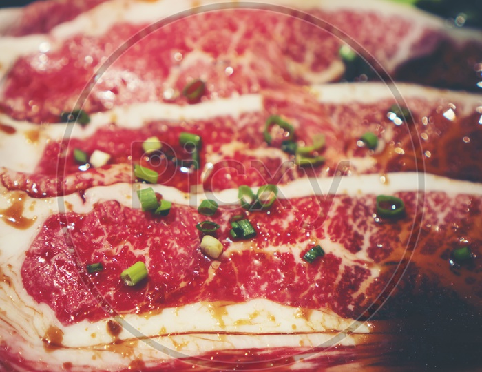 Premium Rare Slices Of Wagyu Beef  with Marbled  textre  on  Plate