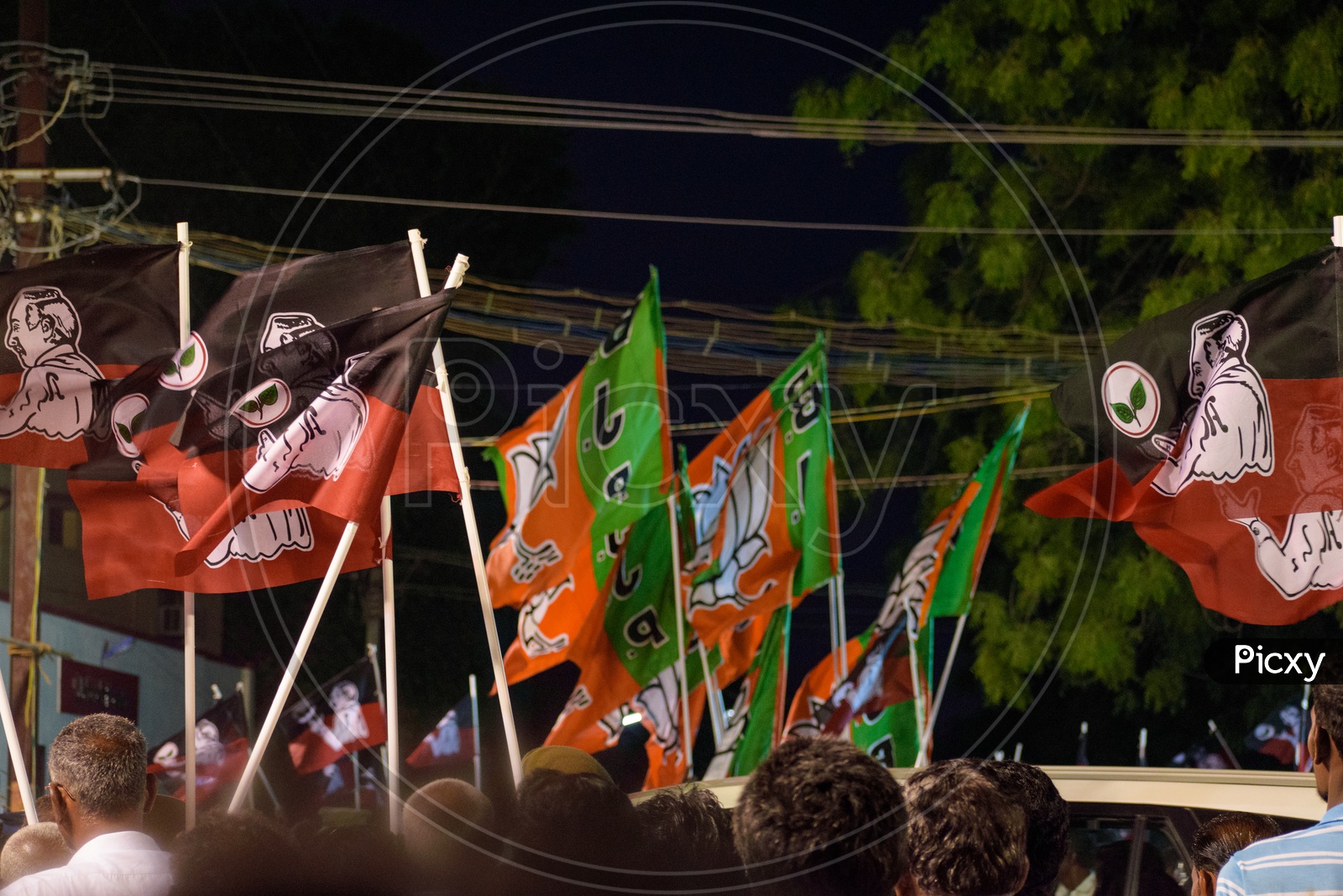 Party cadres holding the ADMK and BJP Flag  for loksabha election compaign