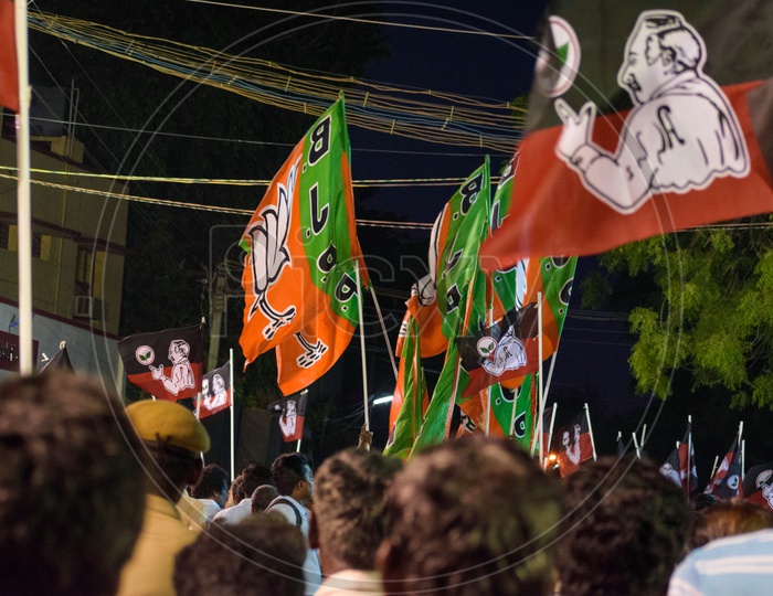 Party cadres holding the ADMK and BJP Flag  for loksabha election compaign