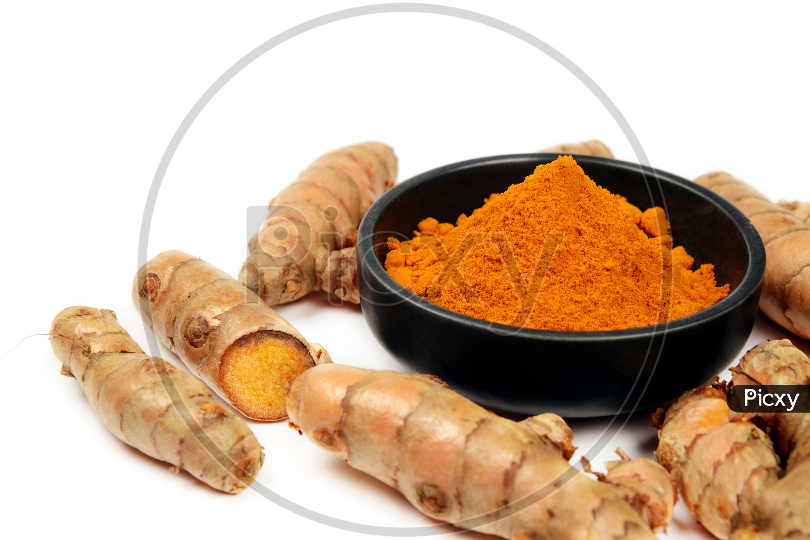 Organic Turmeric roots and Turmeric Powder in a bowl, Indian spices