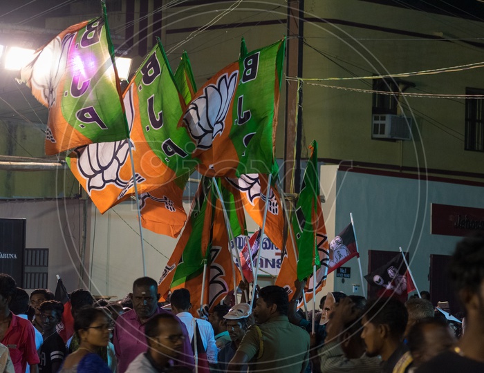BJP cadres holding the BJP flag for a loksabha campaign 2019 at Thoothukudi