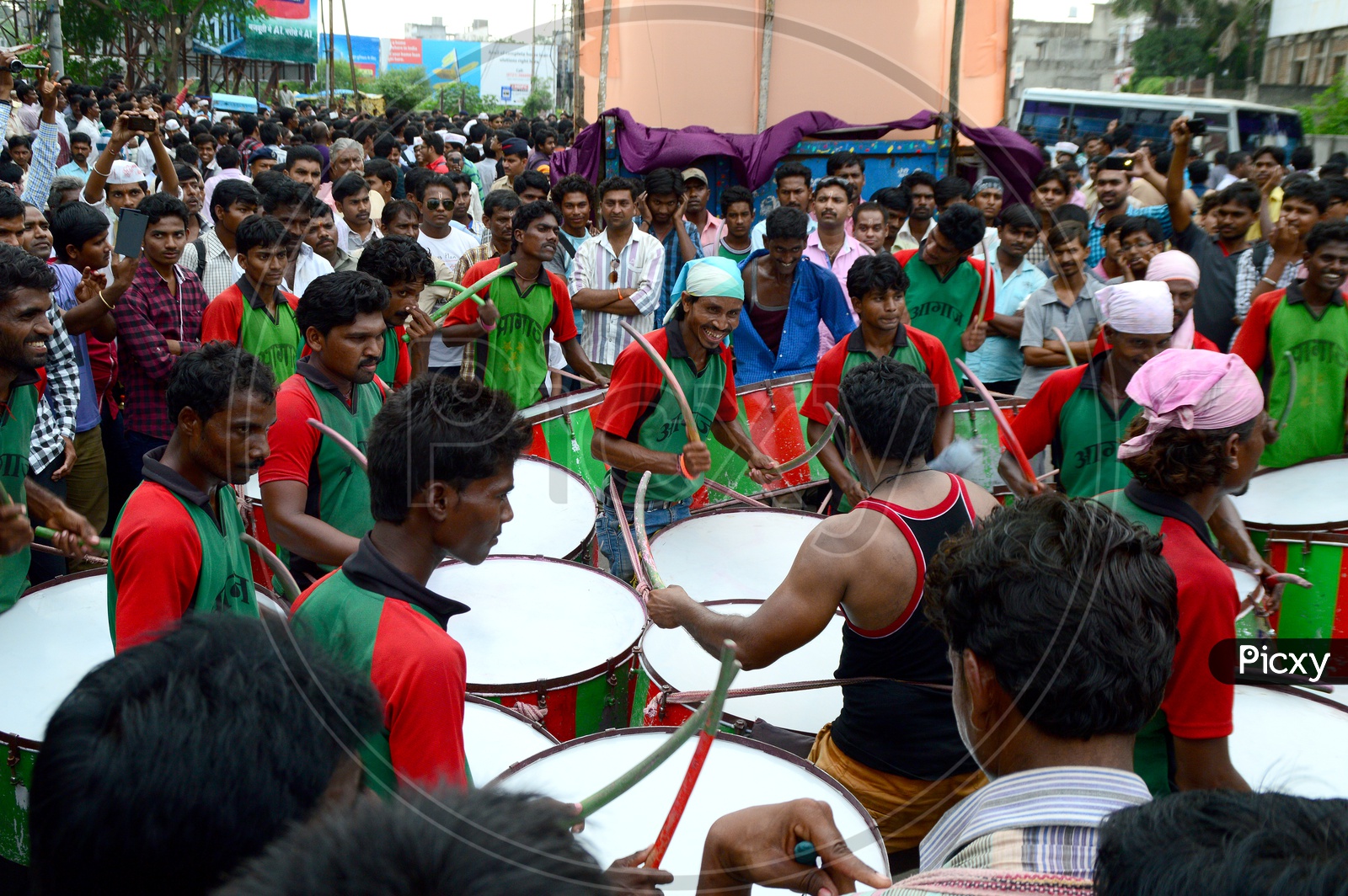 Indian Drum Artists Playing Drums On Streets At Hindu God Processions