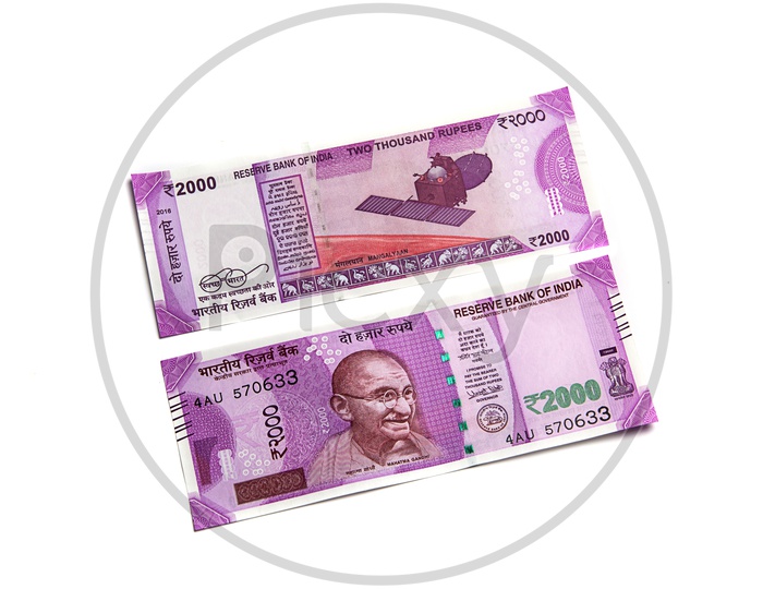 Indian New Currency Note Of 2000 Rupees On An Isolated White Background