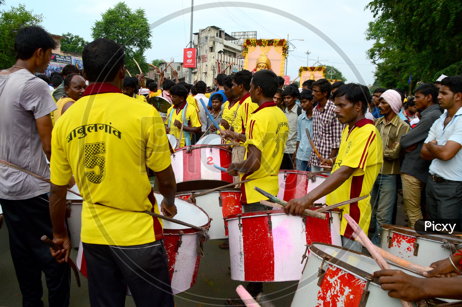 Indian Drum Artists Playing Drums On Streets At Hindu God Processions