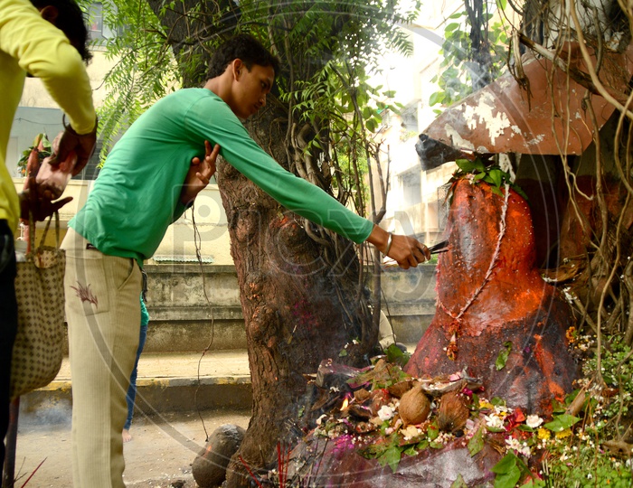 Indian Man offering prayers to snake god