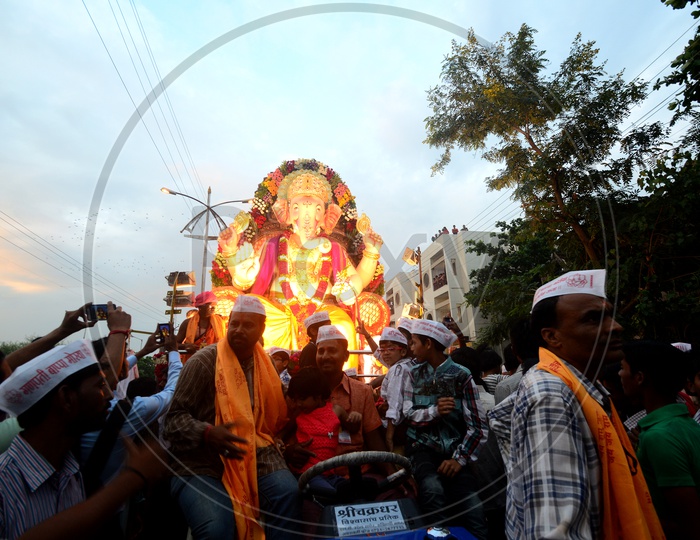 Indian Hindu God Lord Ganesh Procession On The Streets