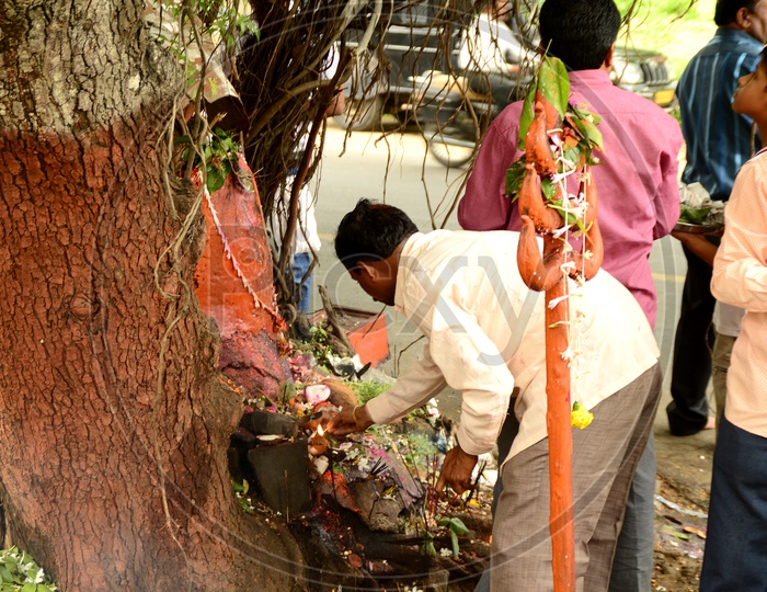 Indian Man offering prayers to snake god