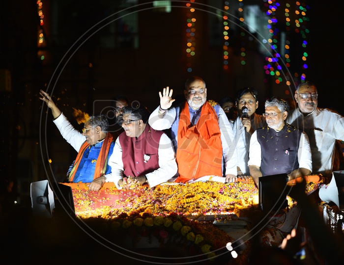 Amit Shah  President of BJP  and Giriraj Singh  MSME Minister Government of India  In an Election Campaign Rally  In Patna , Bihar  For Lok Sabha Elections 2019