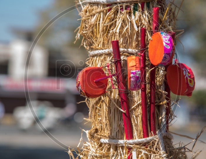Colorful Handmade Baby Rattle ( Mini Drum ) Toy Selling By a Vendor  On The Rural Indian Villages
