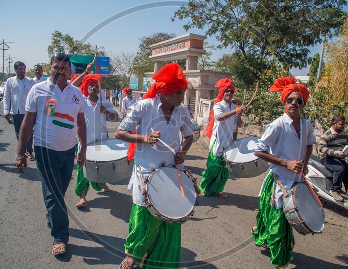 Indian Drum Artists Playing The Drums In a Road  Rally On The Occasion Of Republic Day