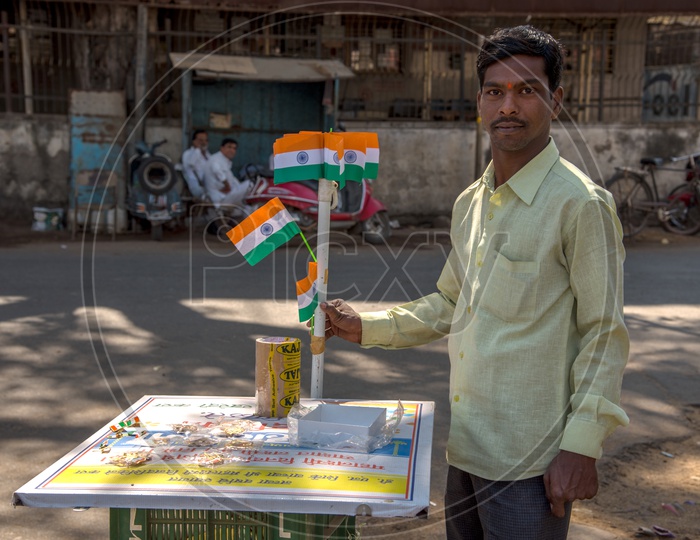 A Street Vendor Selling The Indian National Flags in a Stall For Republic Day