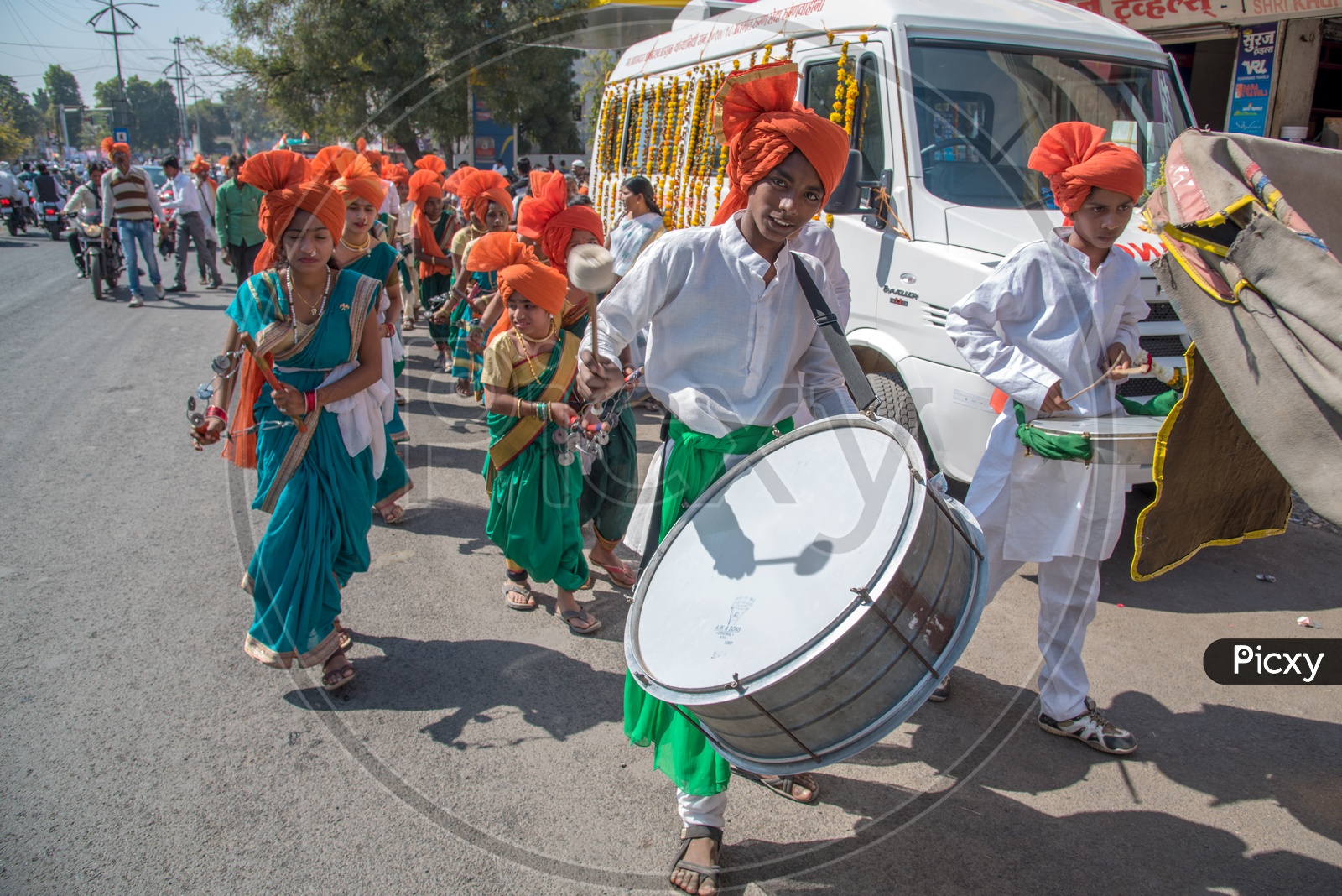 An Indian Drum Artist Playing Drums In a Road Rally On the Occasion Of Republic Day