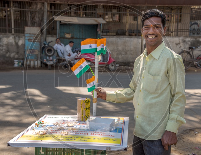 A Street Vendor Selling The Indian National Flags in a Stall For Republic Day
