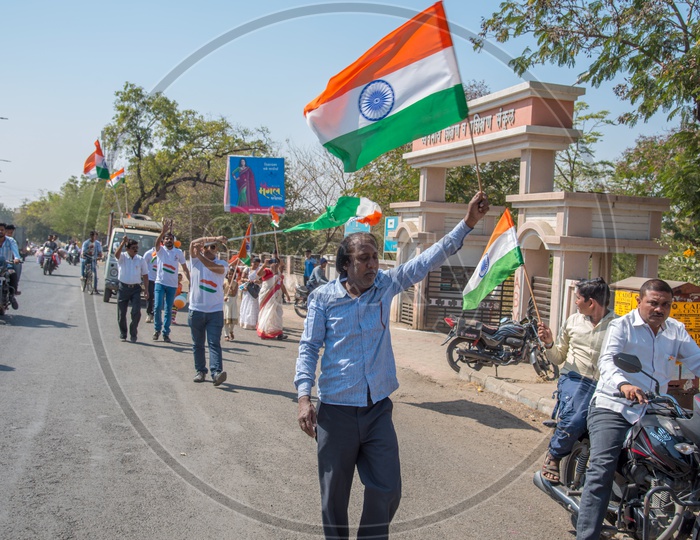Indian  People Carrying Indian National Flags In a Road Rally On The Occasion Of Republic Day