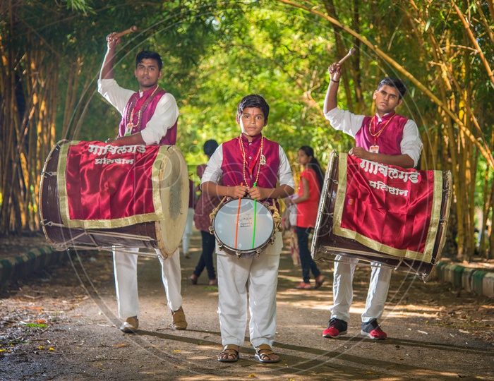 Great Maratha  Dol Tasha Pathaks Or Artists Playing Drums In a Local Park And Celebrating Festival With Music