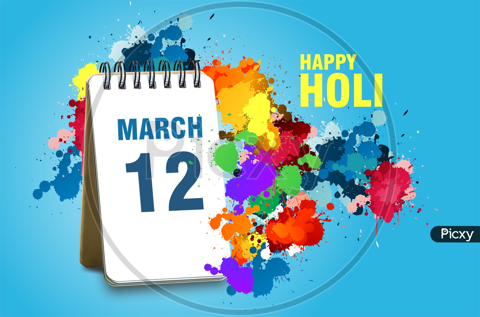 Image of 12th March Date On a Table Calendar With Holi Colors