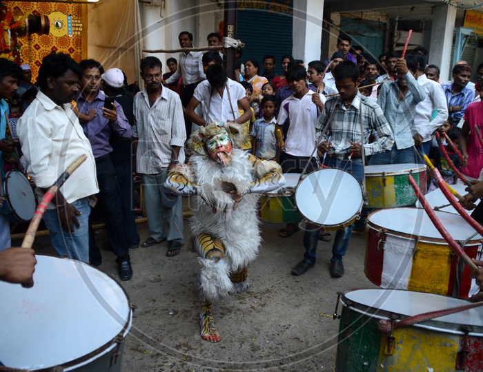 Nagpur Man In Lion Dress Dancing On the Procession Of Marbat