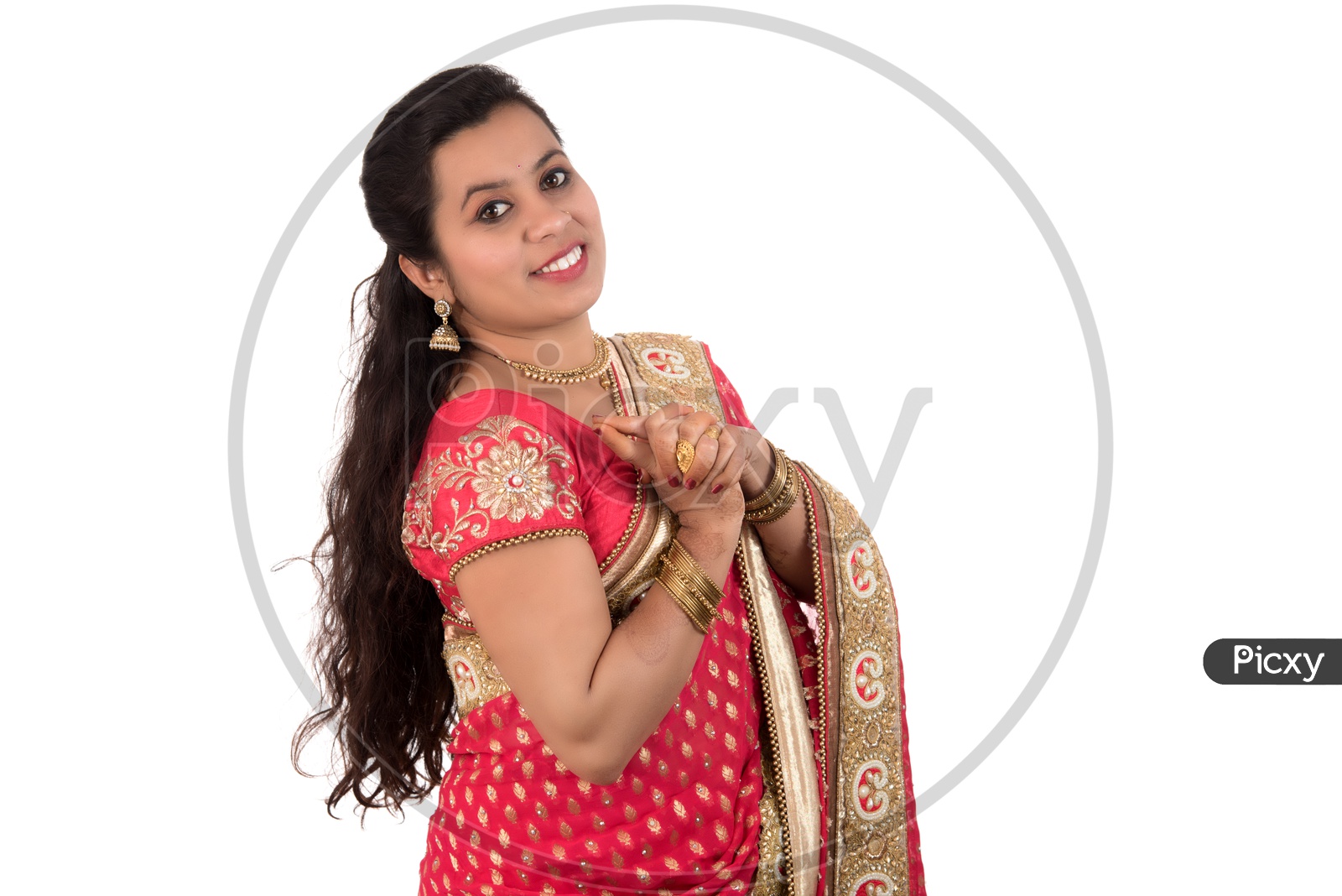 Young Traditional Indian Woman Wearing a Elegant Saree And Posing on an Isolated White Background