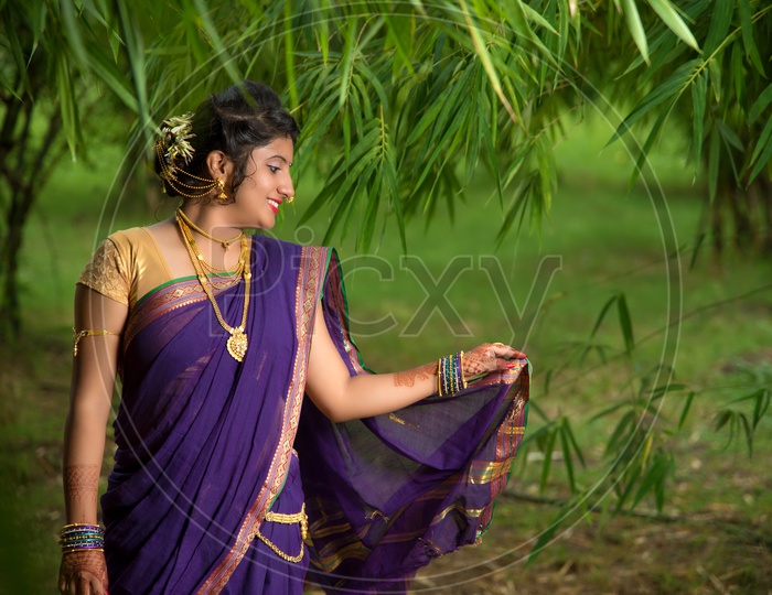Graceful Young Indian Woman Wearing Traditional Saree Striking A Pose  Amidst Scenic Outdoors Photo Background And Picture For Free Download -  Pngtree