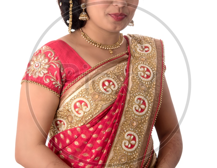 Image of Young Traditional Indian Woman Wearing a Elegant Saree And Posing  on an Isolated White Background-CL015606-Picxy
