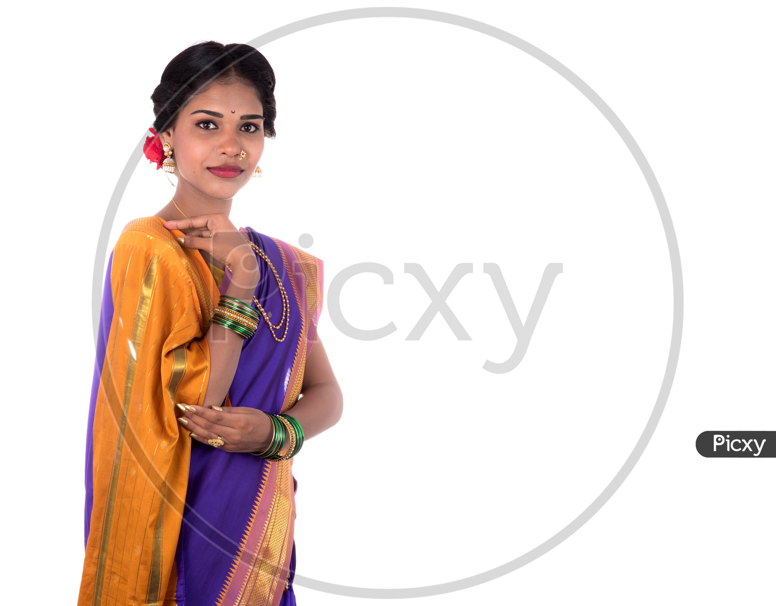 Beautiful Indian young girl posing in traditional Indian saree on white background.