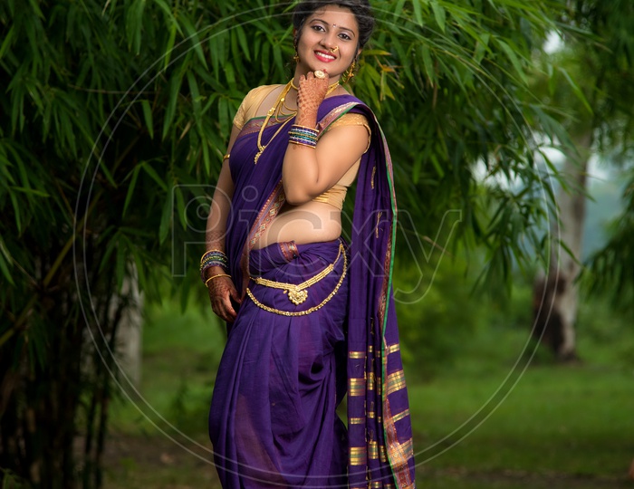 Image of Traditional Indian Female/Woman Model in Blue Saree, green Blouse  - Posing-UK218616-Picxy