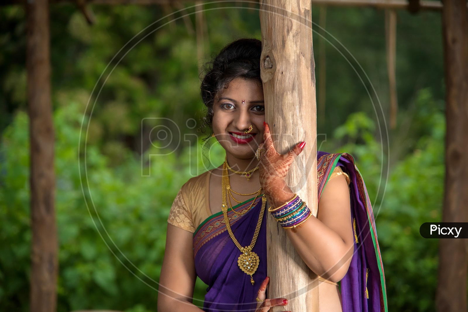 Image of Indian traditional Beautiful Woman Wearing an traditional Saree  And Posing On The Outdoor With a Smile Face-GC460319-Picxy