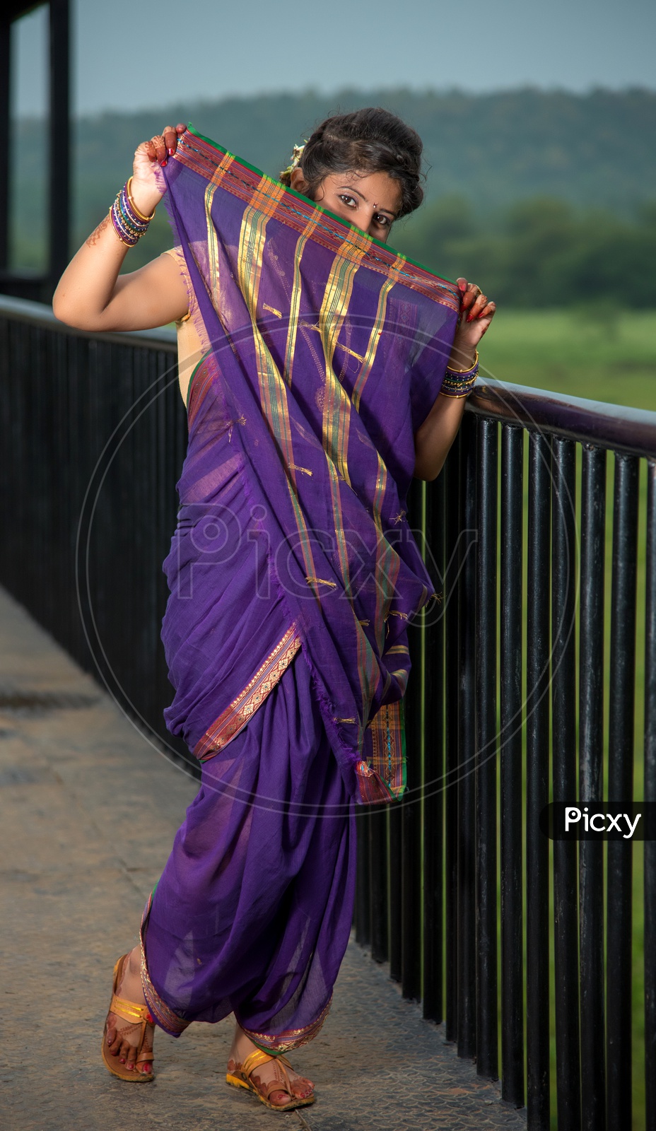 Image of Indian traditional Beautiful Woman Wearing an traditional Saree  And Posing On The Outdoor With a Smile Face-XN139488-Picxy