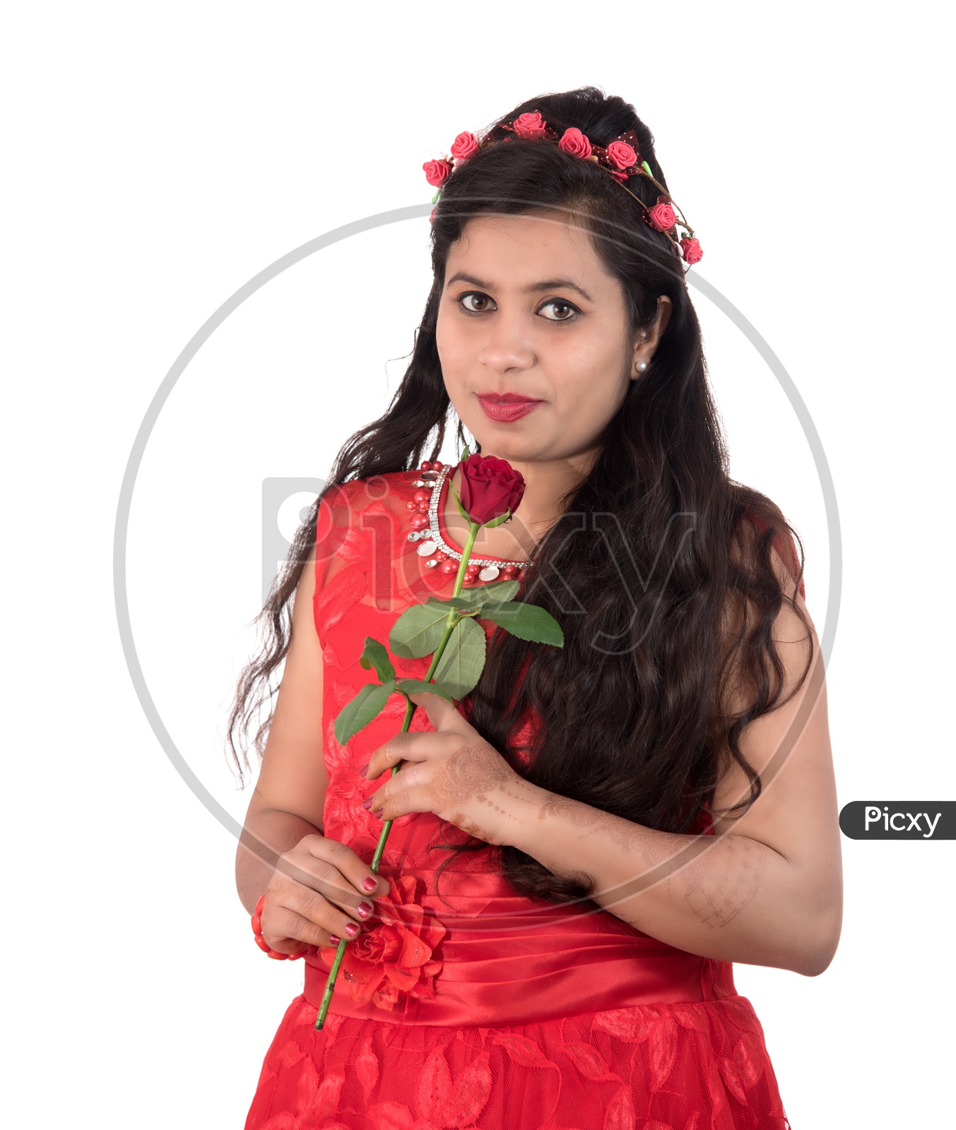 Image of Portrait of a Beautiful Young Woman Standing And Posing With A Red  Rose In Hand On an Isolated white Background-NO613155-Picxy