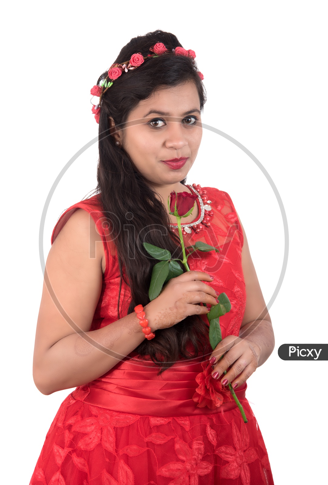 Portrait of a Beautiful Young Woman Standing And Posing With  A Red Rose In Hand On an Isolated white Background