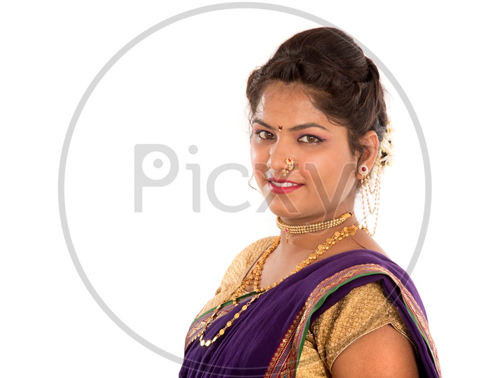 Portrait Of The  an Indian Traditional Woman  With Smile Face On an Isolated White Background