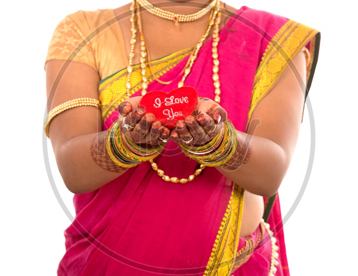 Image of A Traditional Marathi Woman Showing I Love You Placard On an