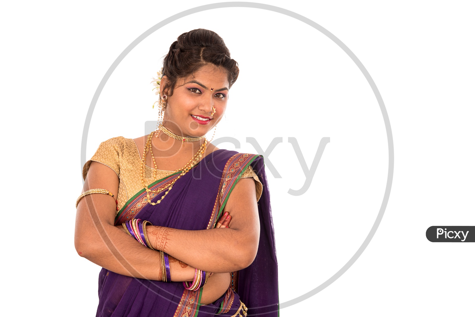Portrait Of a Young Traditional Marathi Woman Wearing an Elegant Sari And Posing With Smile Face And With Expression  On an Isolated White Background